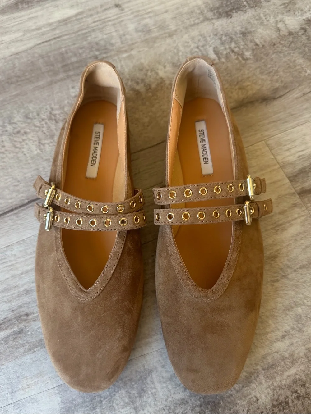 Steve Madden Lydia Taupe Suede Double-Buckle Flats